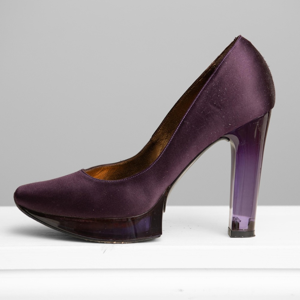 Patrick Cox Purple Platform Block Heels Sz 8.5 Glam Y2K 90s Chic Runway Mod Gala
